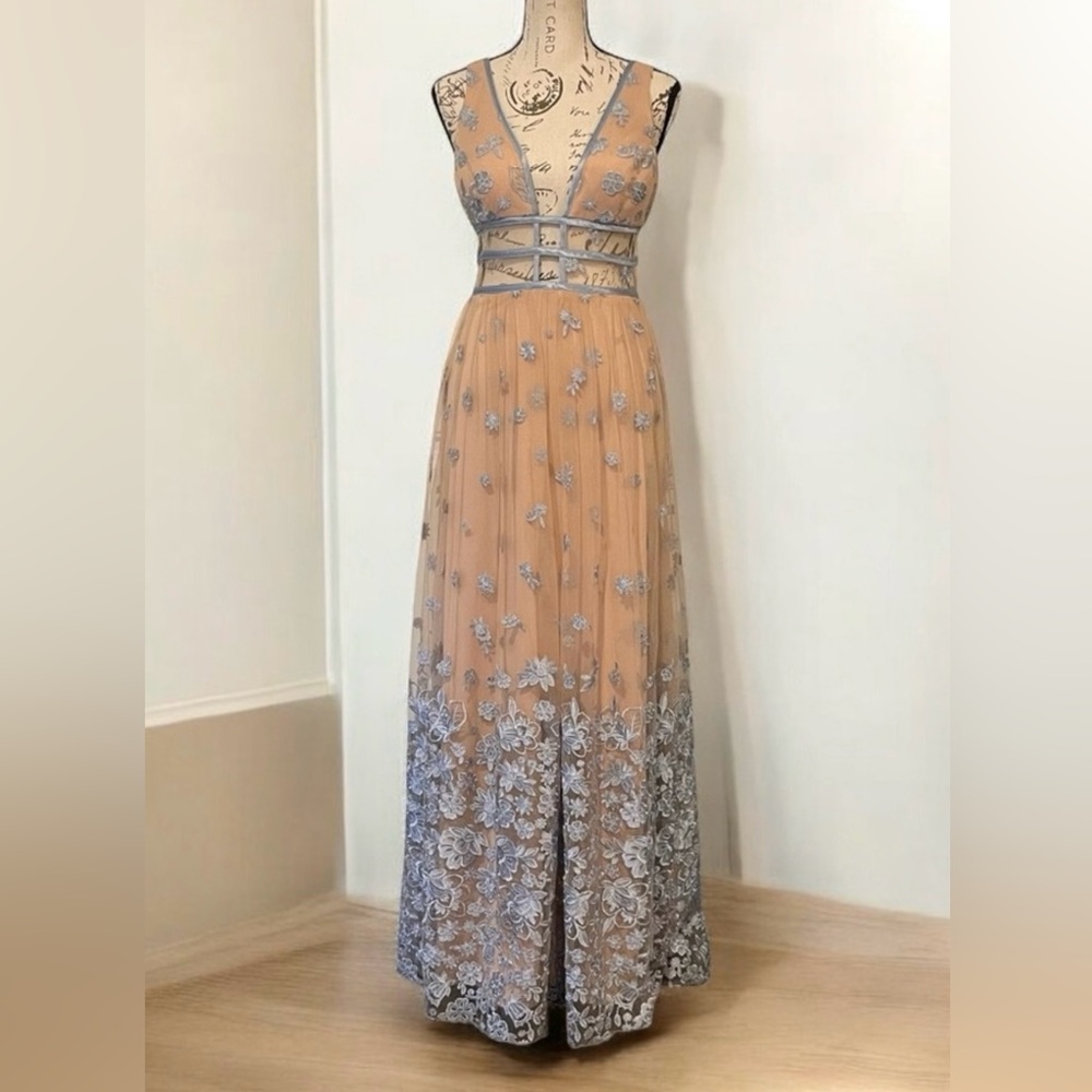 SHEER BODICE FAIRY FLORAL GOWN BACKLESS GB Girls WOMENS SZ 5 Nude baby blue